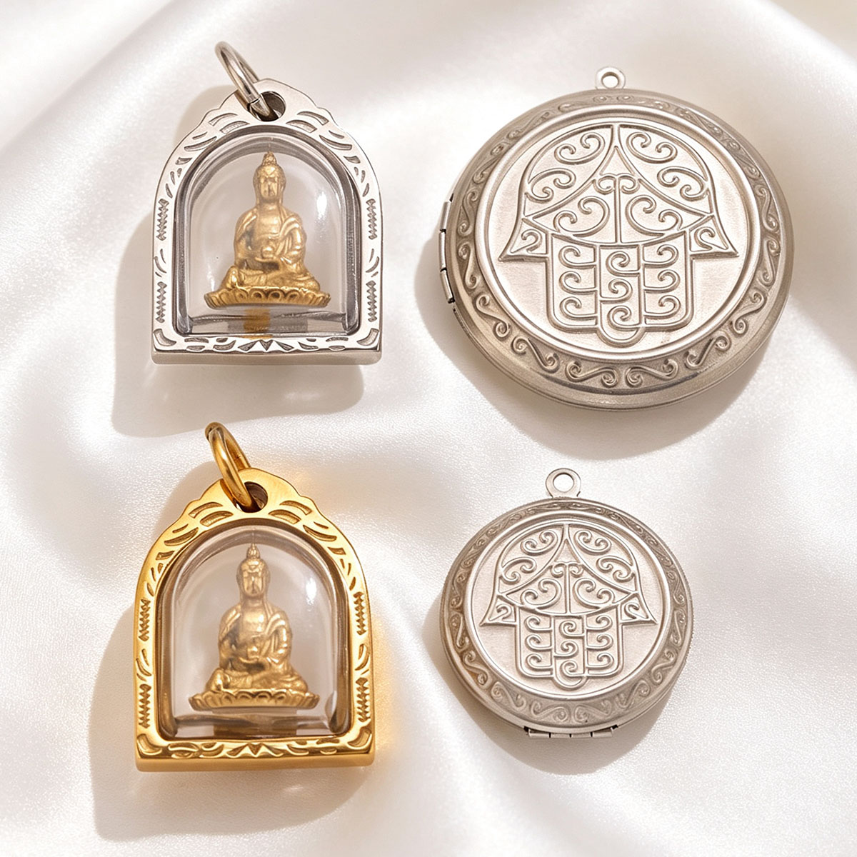 Men Accessories Locket - จี้กรอบรูป 1/2 ชิ้น ทำจากสแตนเลส 18K จี้รูปพระโพธิสัตว์กวนอิม
