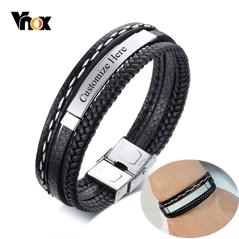 Men'S Accessories Jewelry Bracelet - Vnox โลโก้ที่กําหนดเองชื่ออ้างแกะสลัก Multi-Layer สร้อยข้อมือหนังสําหรับชายสแตนเลส ID กําไลข้อมือปรับแต่งพ่อพ่อของขวัญ