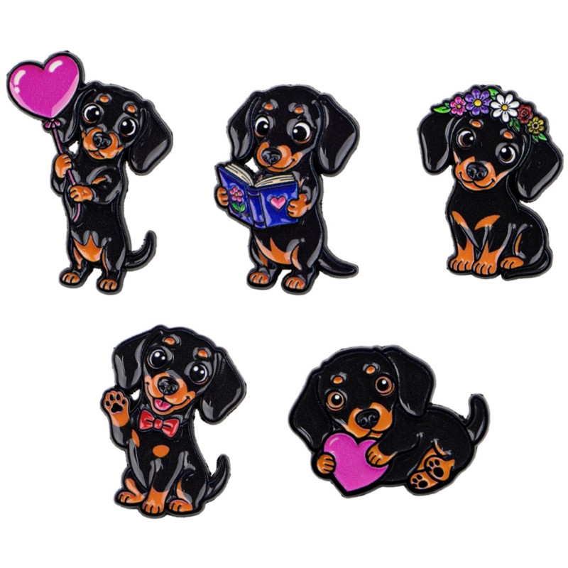 Lapel Pin Enamel - ชุดเข็มกลัดเคลือบลายดัชชุนด์น่ารัก 5 ชิ้น รูปหัวใจ ดอกไม้ หนังสือ