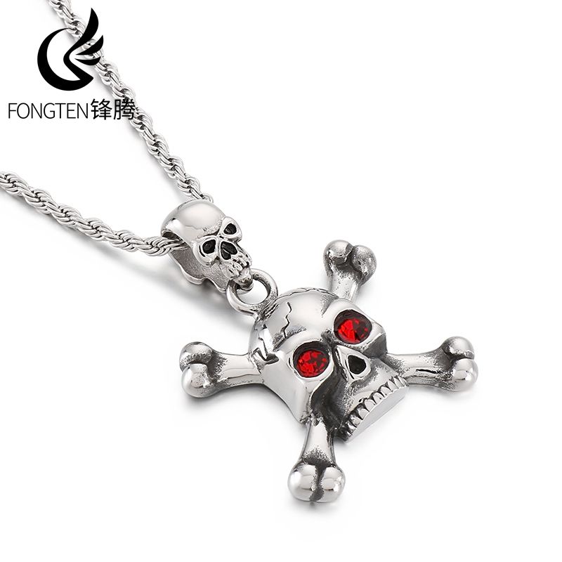 Men Accessories Singapore - Fongten สแตนเลส Red Eyed Skull สร้อยคอ