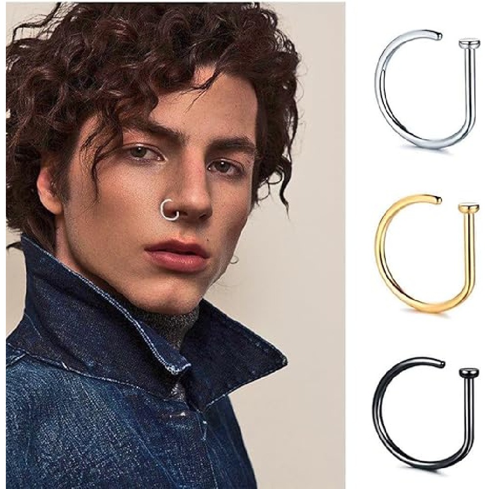 Men Accessories Combo - ชุดแหวนจมูกปลอมรูปตัว D แบบไม่ต้องเจาะ 4 ชิ้น, แหวนจมูกแบบหนีบสแตนเลส,