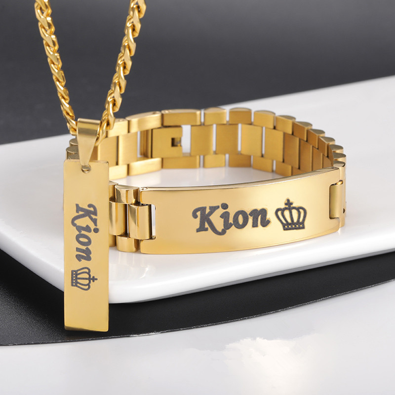 Men'S Accessories Jewelry Bracelet - สร้อยคอชื่อผู้ชายกำหนดเองได้ชุดเครื่องประดับกำไลใหญ่ชุดเครื่องประดับสแตนเลสสตีลสีทองป้ายชื่อแฟนพ่อลูกชายสามีของขวัญ